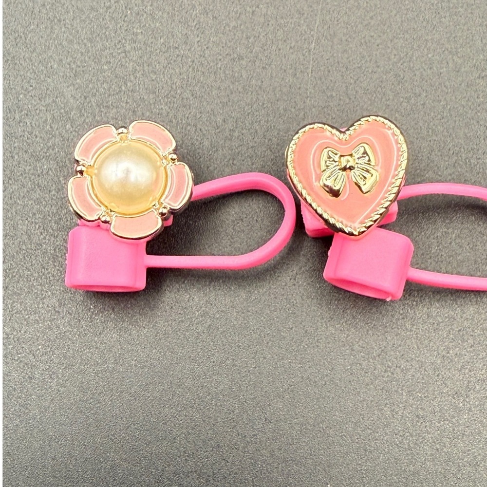 2 Cute Pink Flower‎ Heart Straw Topper